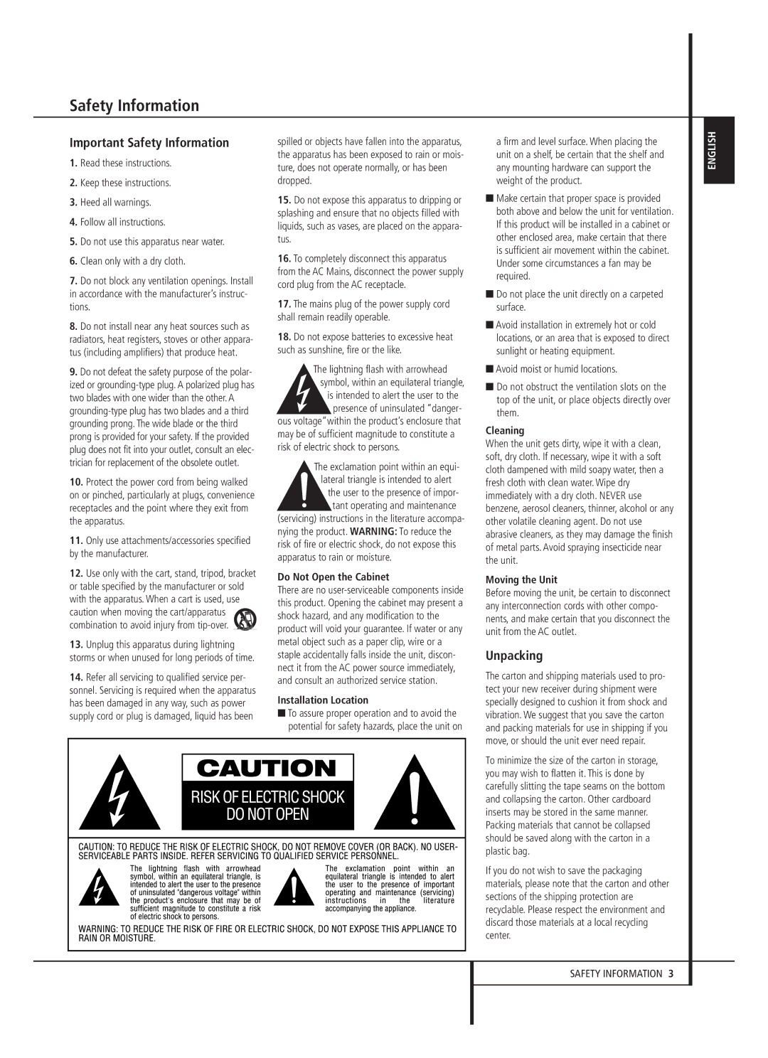 Harman-Kardon 13828 owner manual Important Safety Information, Unpacking 