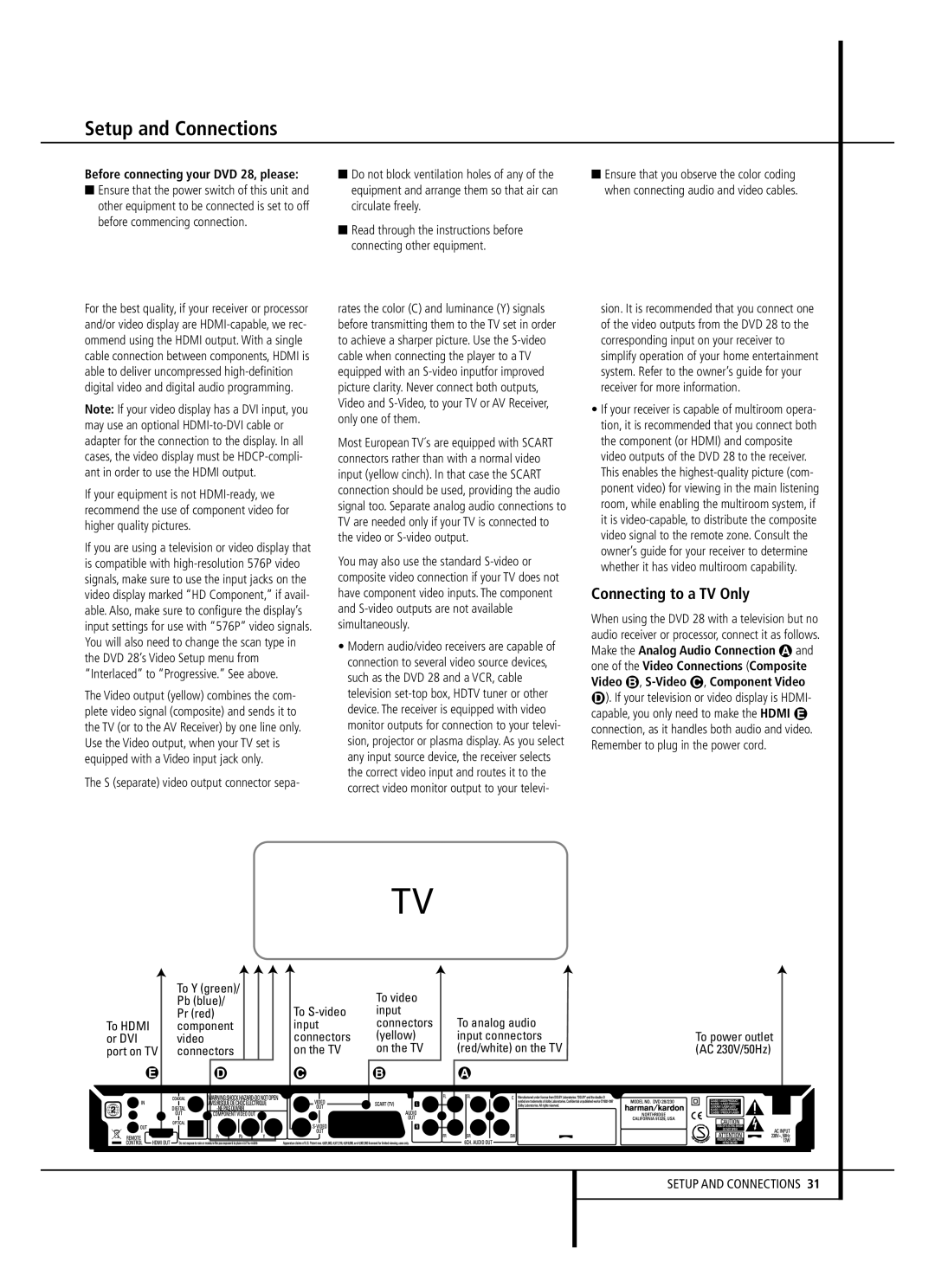 Harman-Kardon 13828 owner manual Setup and Connections, Connecting to a TV Only, Before connecting your DVD 28, please 