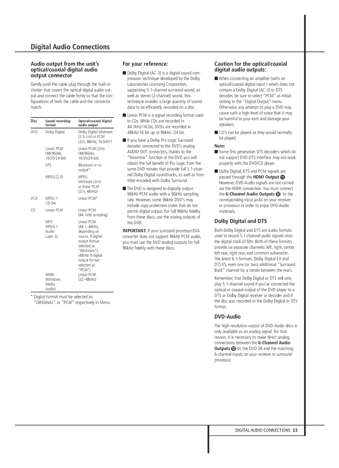 Harman-Kardon 13828 owner manual For your reference, Dolby Digital and DTS, DVD-Audio, Channel Audio Outputs to 