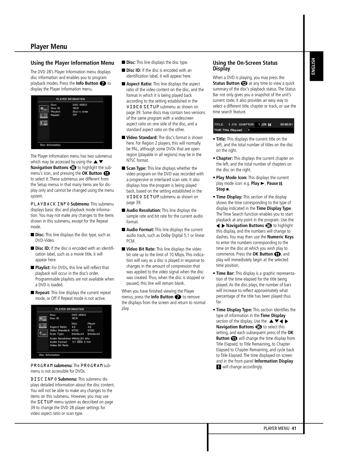 Harman-Kardon 13828 owner manual Player Menu, Using the On-Screen Status Display, Navigation Buttons to highlight 