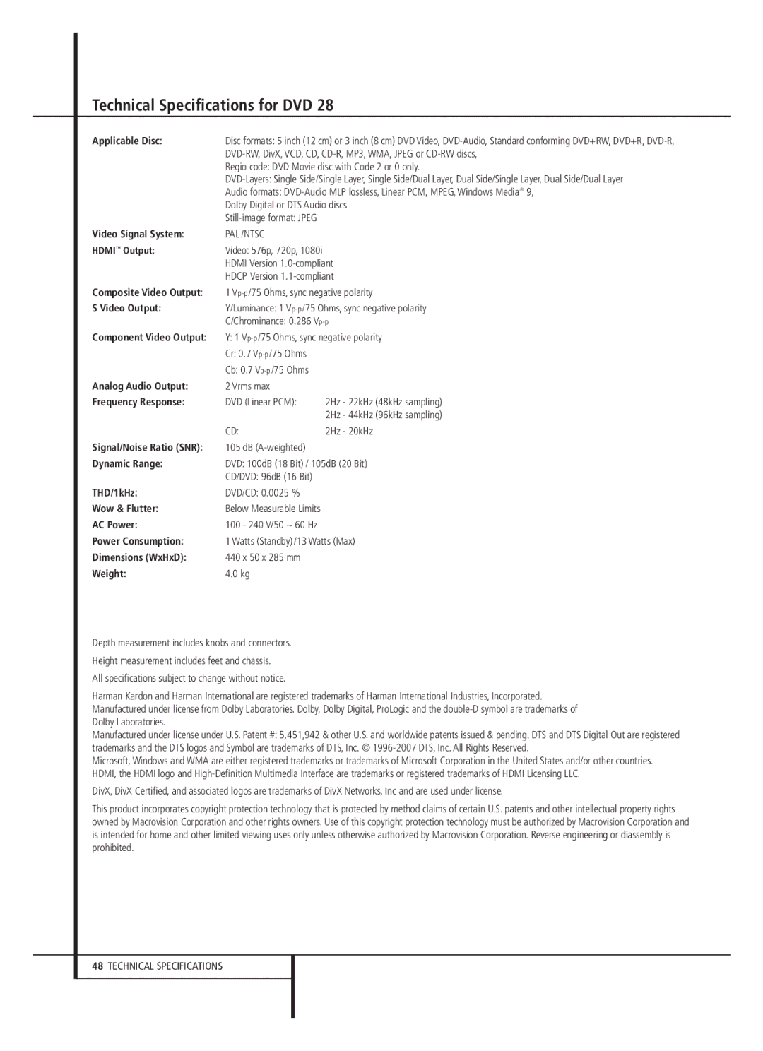 Harman-Kardon 13828 owner manual Technical Specifications for DVD 