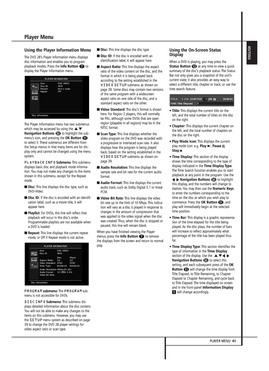 Harman-Kardon 13828 owner manual Player Menu, Using the On-ScreenStatus Display, Using the Player Information Menu, English 