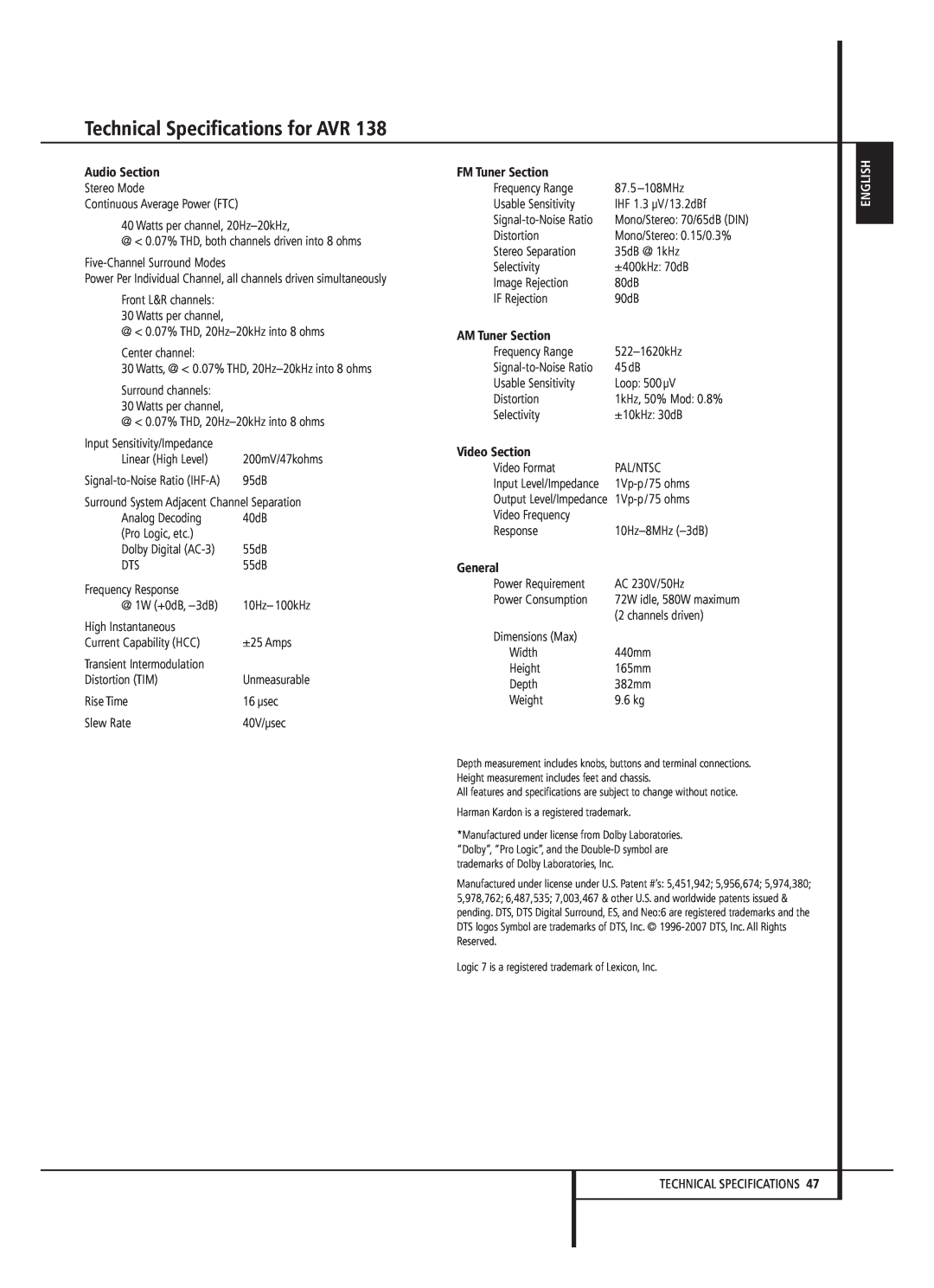 Harman-Kardon 13828 Technical Specifications for AVR, Audio Section, FM Tuner Section, AM Tuner Section, Video Section 