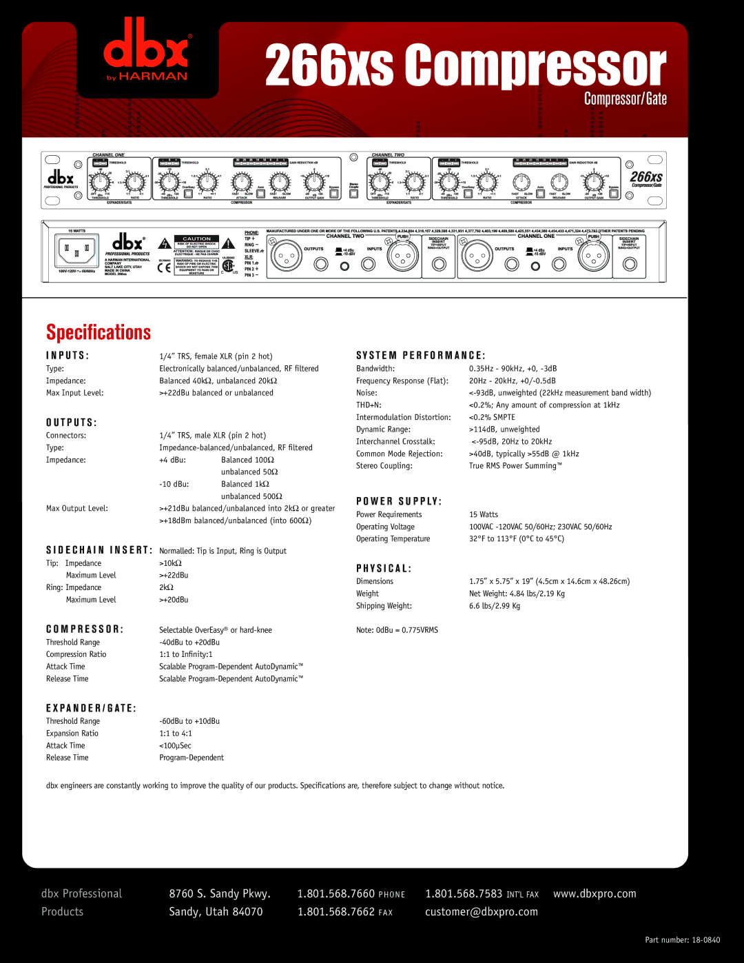 Harman-Kardon 18-0840 manual T P U T S, M P R E S S O R, S T E M P E R F O R M a N C E, W E R S U P P Ly, Y S I C a L 