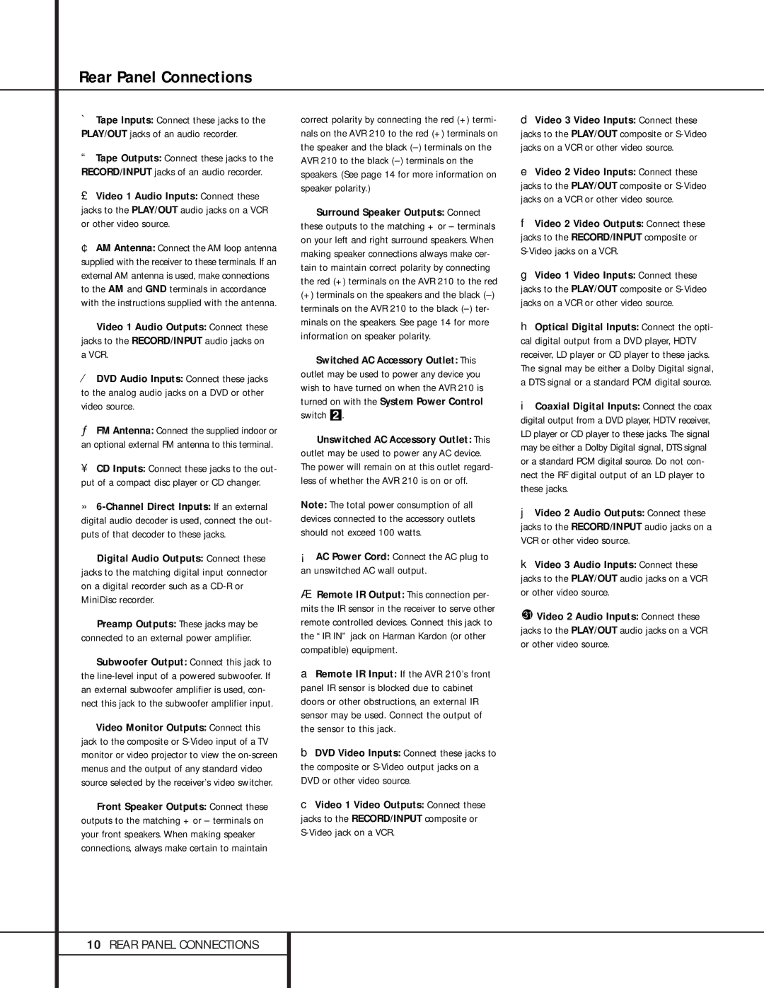 Harman-Kardon 210 owner manual Rear Panel Connections 