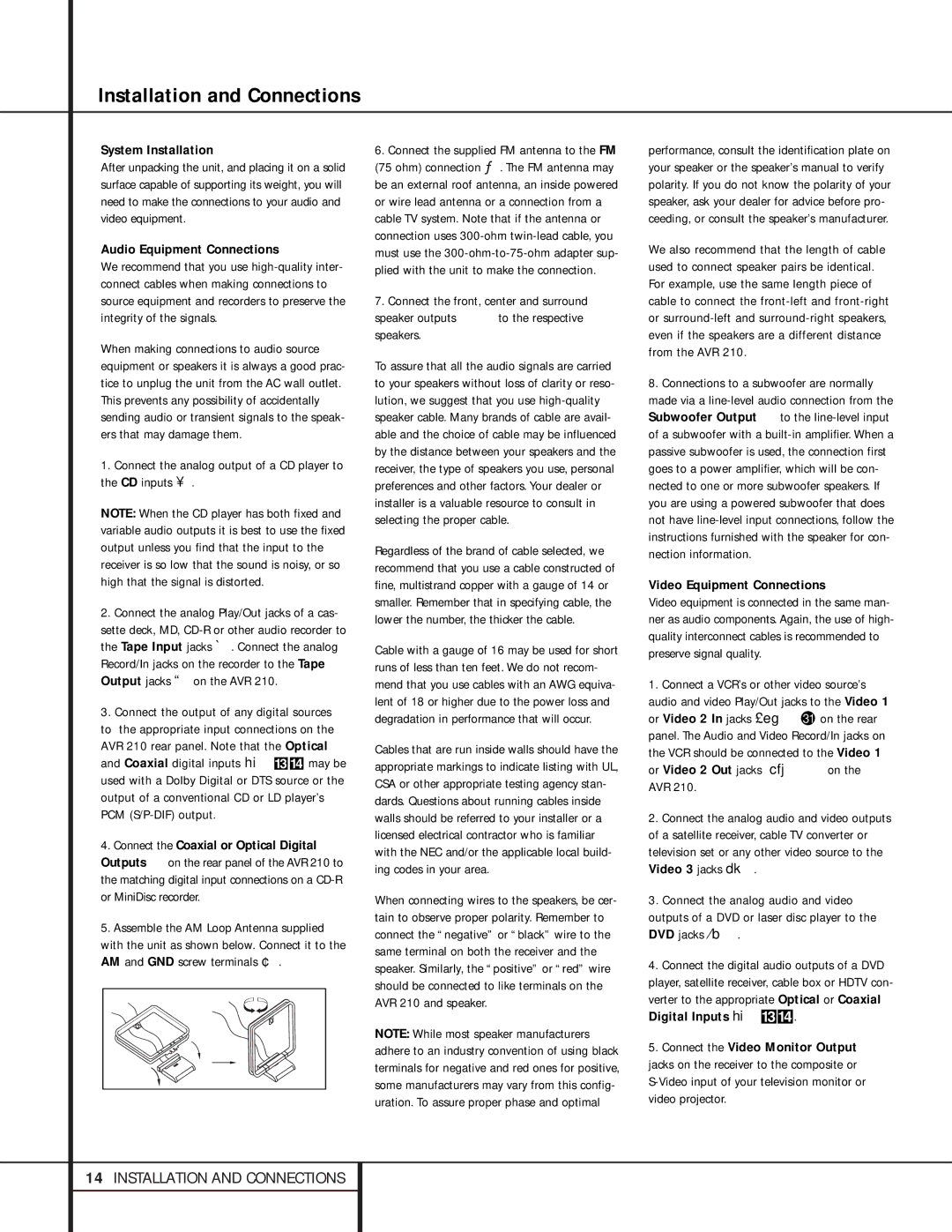 Harman-Kardon 210 owner manual Installation and Connections, System Installation, Audio Equipment Connections 