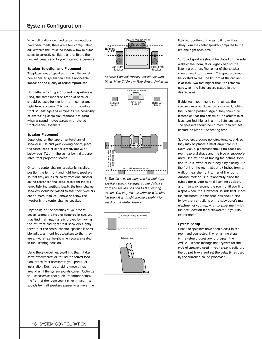 Harman-Kardon 210 owner manual System Configuration, Speaker Selection and Placement, Speaker Placement, System Setup 