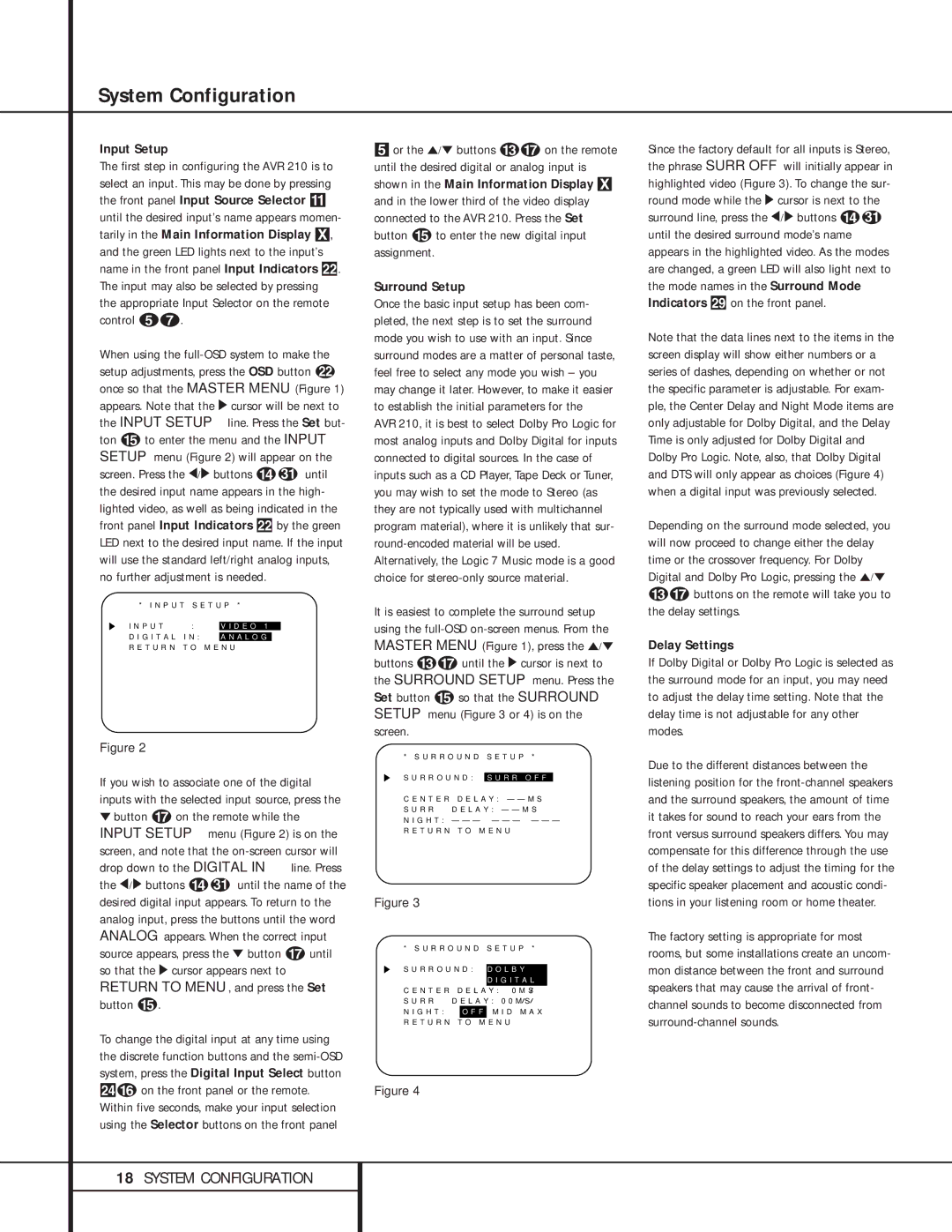 Harman-Kardon 210 owner manual Input Setup, Surround Setup, Delay Settings 