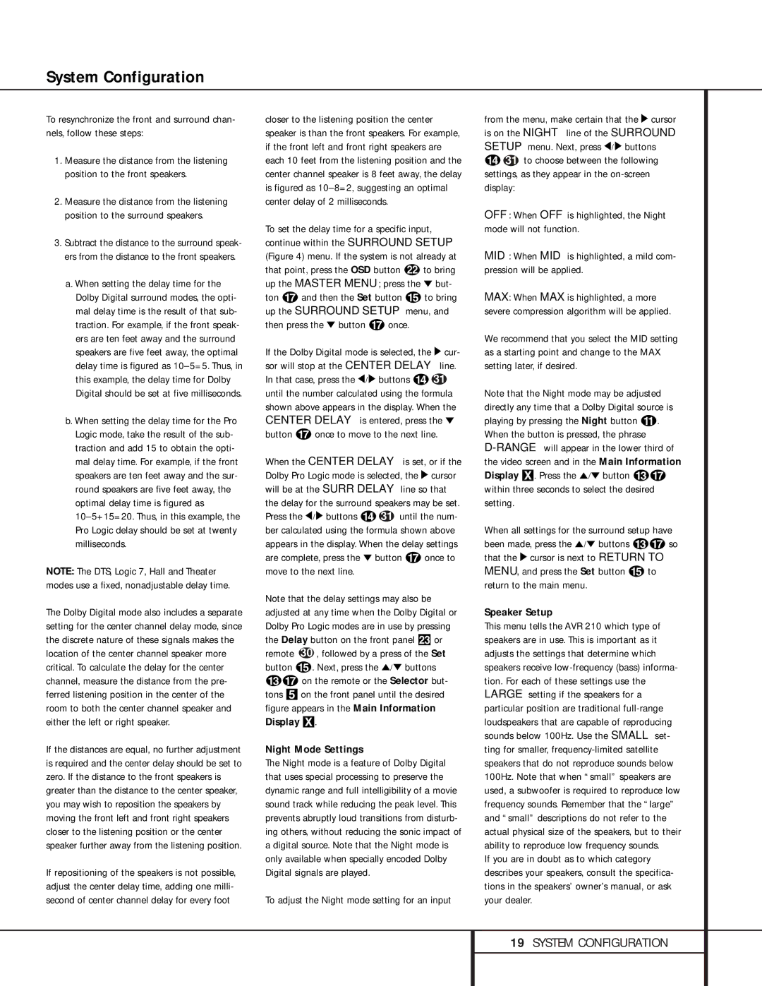 Harman-Kardon 210 owner manual Night Mode Settings, Speaker Setup 