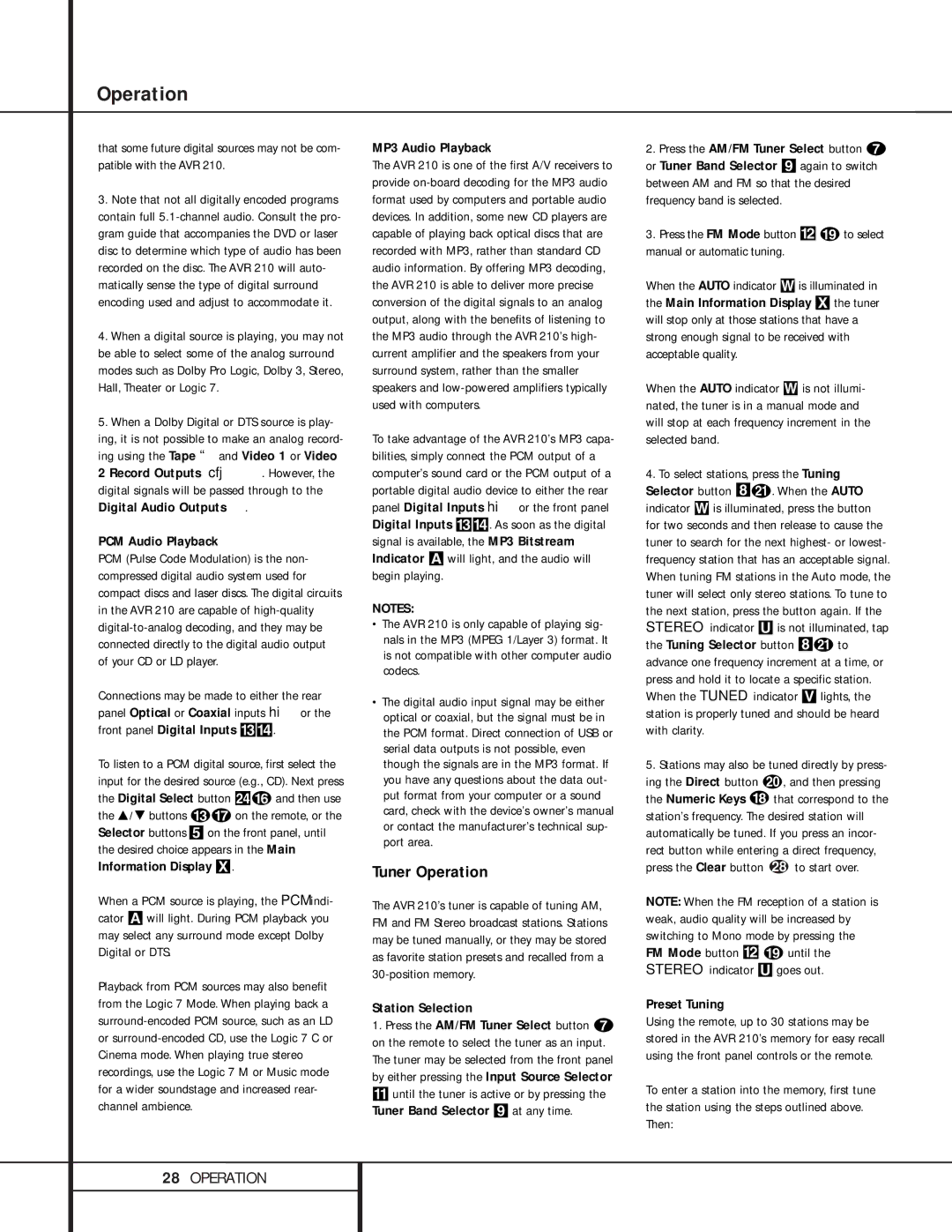 Harman-Kardon 210 owner manual Tuner Operation, PCM Audio Playback, MP3 Audio Playback, Station Selection, Preset Tuning 