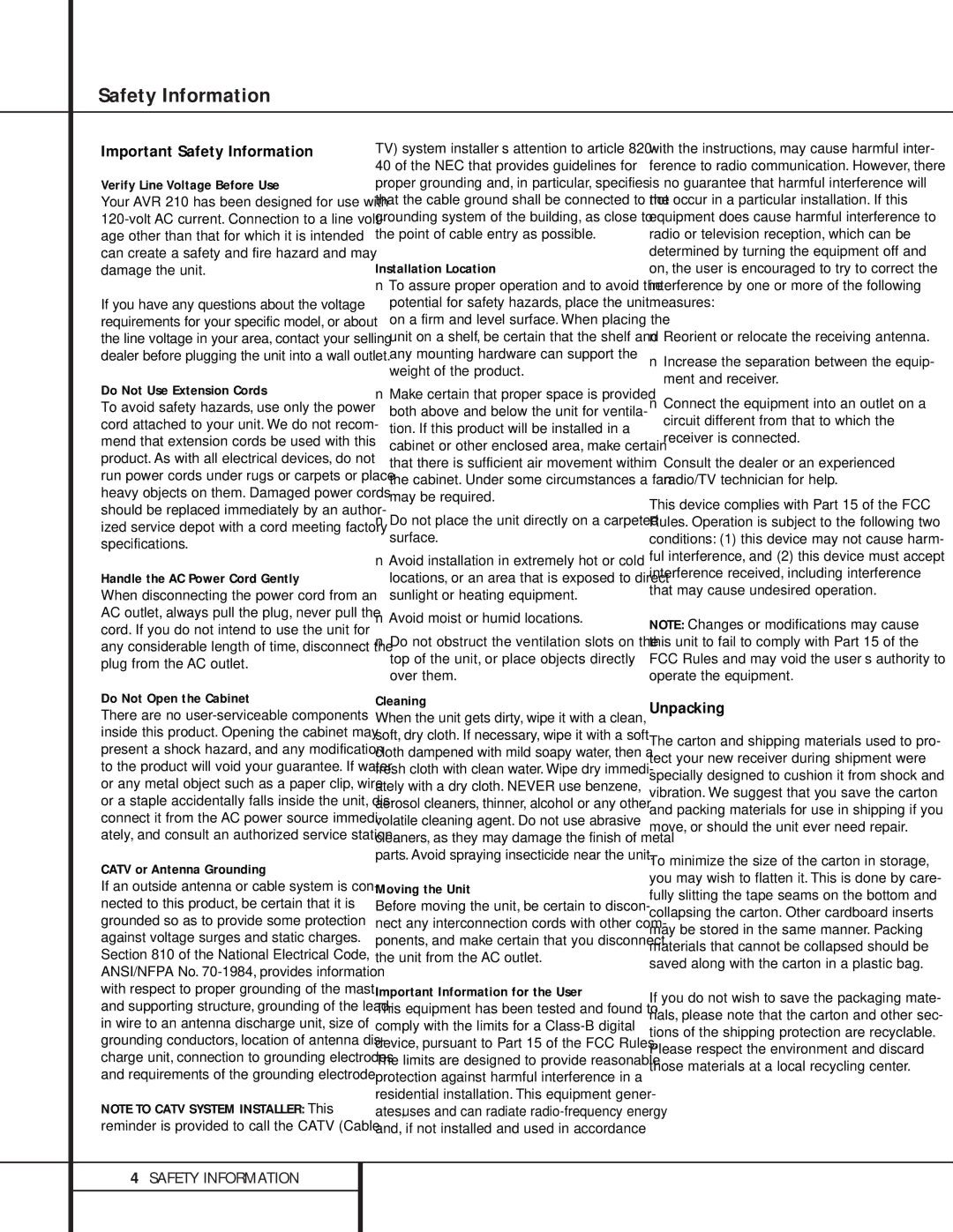 Harman-Kardon 210 owner manual Important Safety Information, Unpacking 