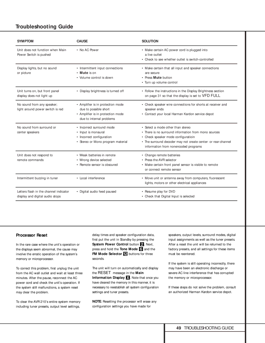 Harman-Kardon 210 owner manual Troubleshooting Guide, Processor Reset, Information from nonencoded programs 