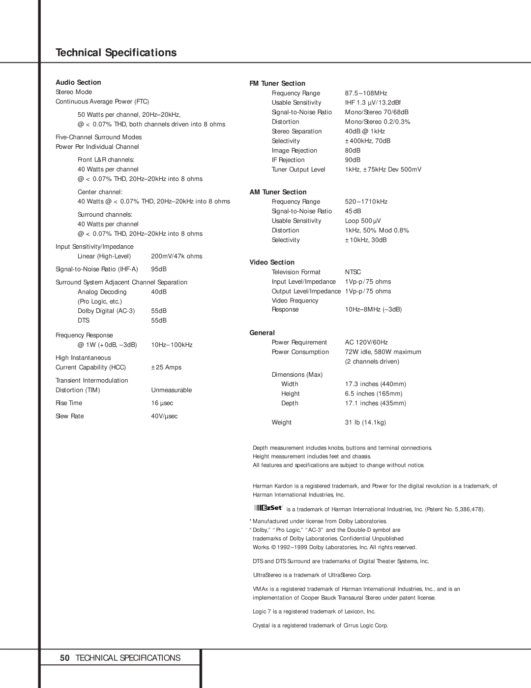 Harman-Kardon 210 owner manual Technical Specifications 