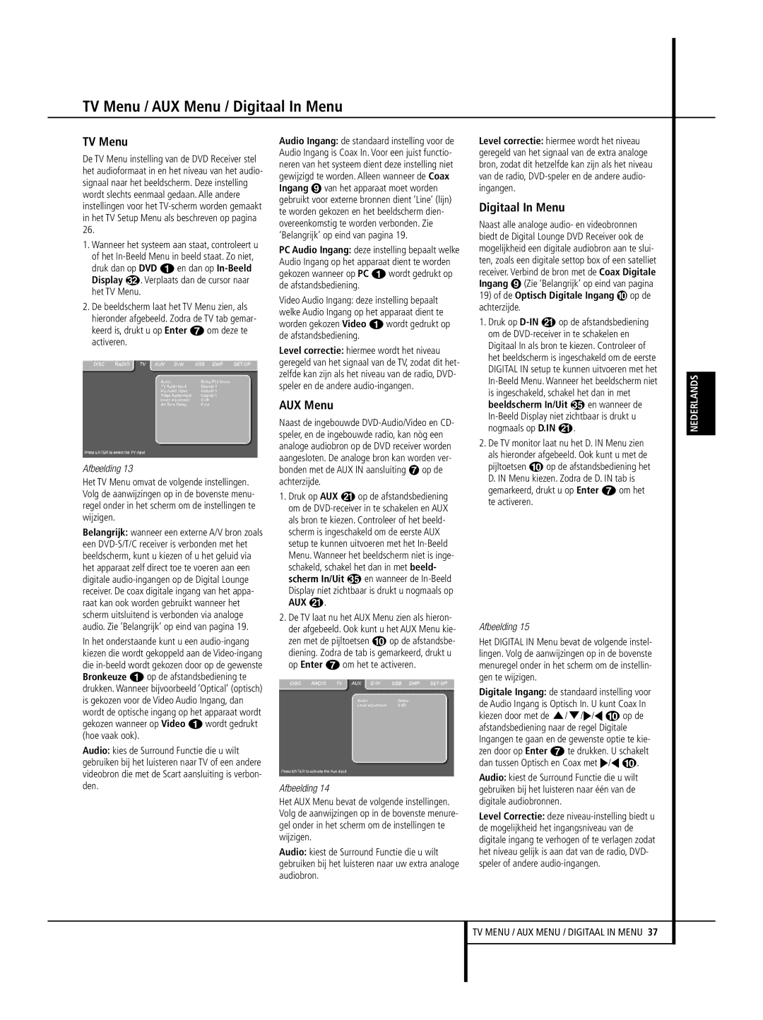 Harman-Kardon 232 EX/240 HD manual TV Menu / AUX Menu / Digitaal In Menu 