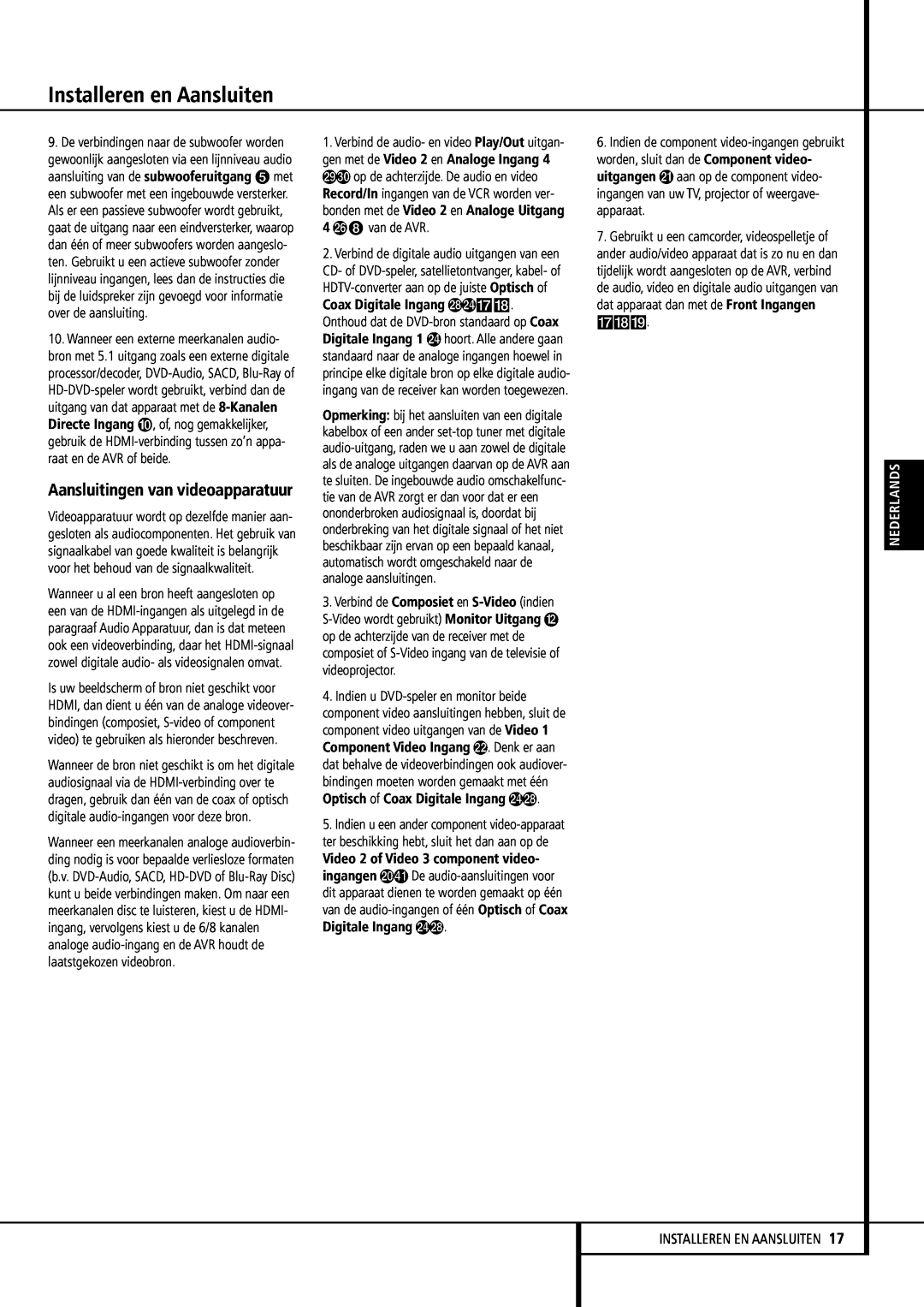 Harman-Kardon 355, 255 manual Aansluitingen van videoapparatuur, Installeren en Aansluiten, Nederlands 