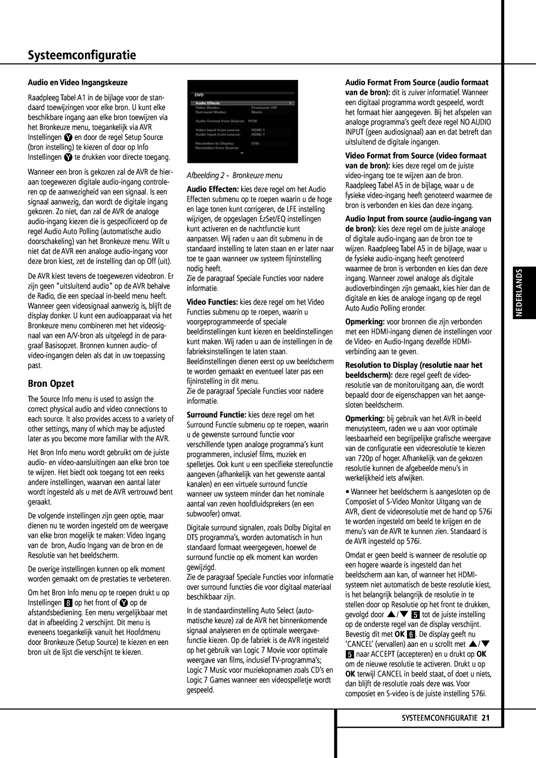 Harman-Kardon 355 Bron Opzet, Systeemconfiguratie, Audio en Video Ingangskeuze, Afbeelding 2 - Bronkeuze menu, Nederlands 
