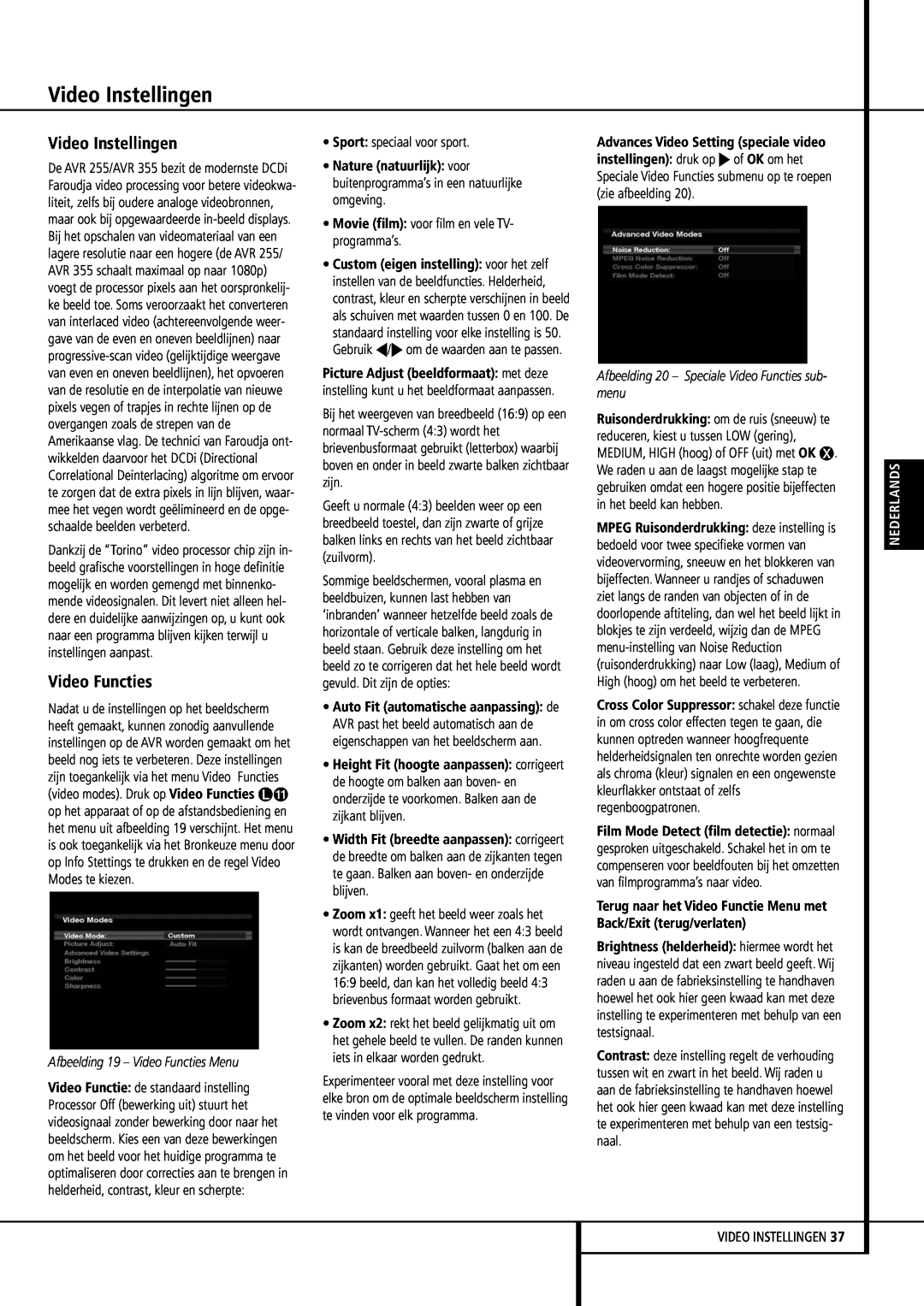 Harman-Kardon 355, 255 manual Video Instellingen, Afbeelding 19 – Video Functies Menu, Nederlands 