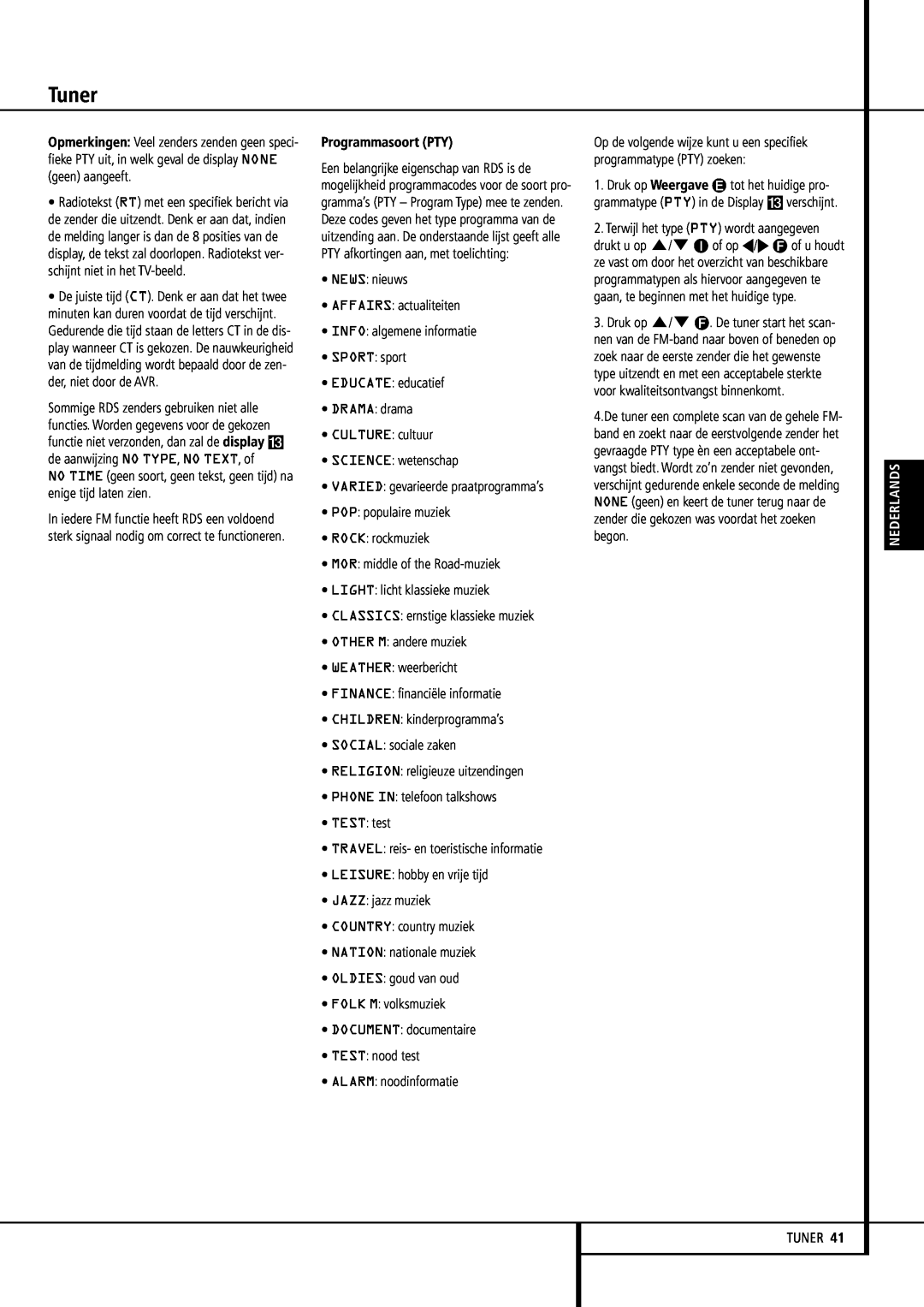Harman-Kardon 355, 255 manual Tuner, Programmasoort PTY, Nederlands 