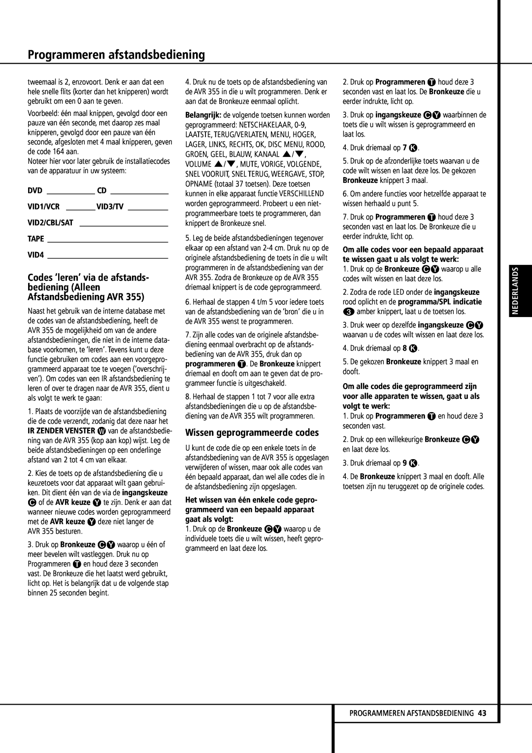 Harman-Kardon 355, 255 manual Wissen geprogrammeerde codes, Programmeren afstandsbediening, Nederlands 