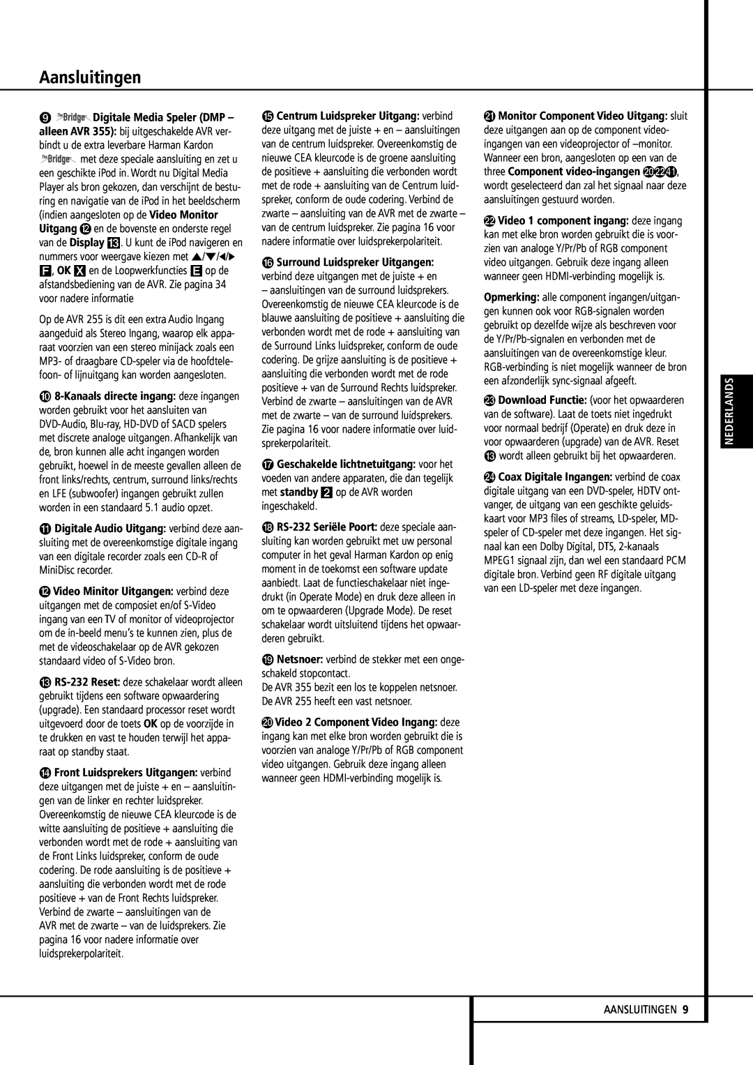 Harman-Kardon 355, 255 manual Aansluitingen, wordt alleen gebruikt bij het opwaarderen, Nederlands 