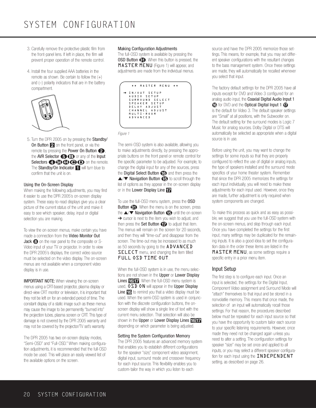 Harman-Kardon DPR 2005, 376 Input Setup, Making Configuration Adjustments, Setting the System Configuration Memory 