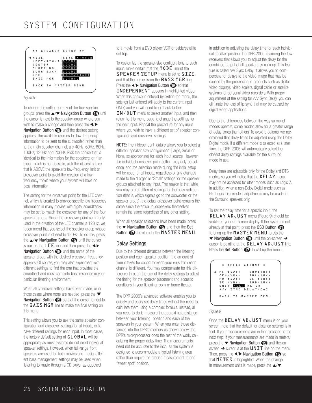 Harman-Kardon DPR 2005, 376 Delay Settings, To bring up the Master MENU, press, Measurement units is made, press the ⁄/¤ 