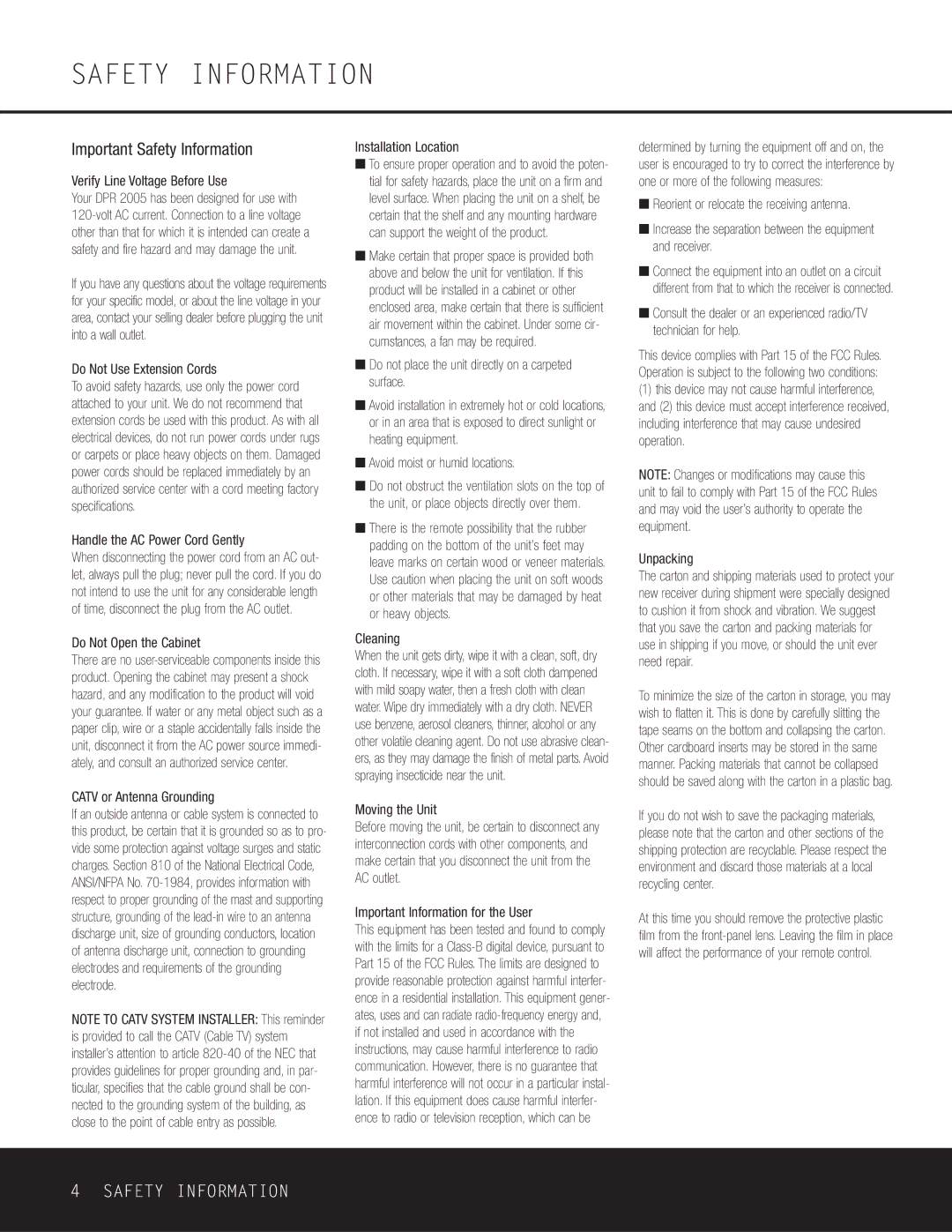 Harman-Kardon Car Stereo System, 376, DPR 2005 owner manual Important Safety Information 