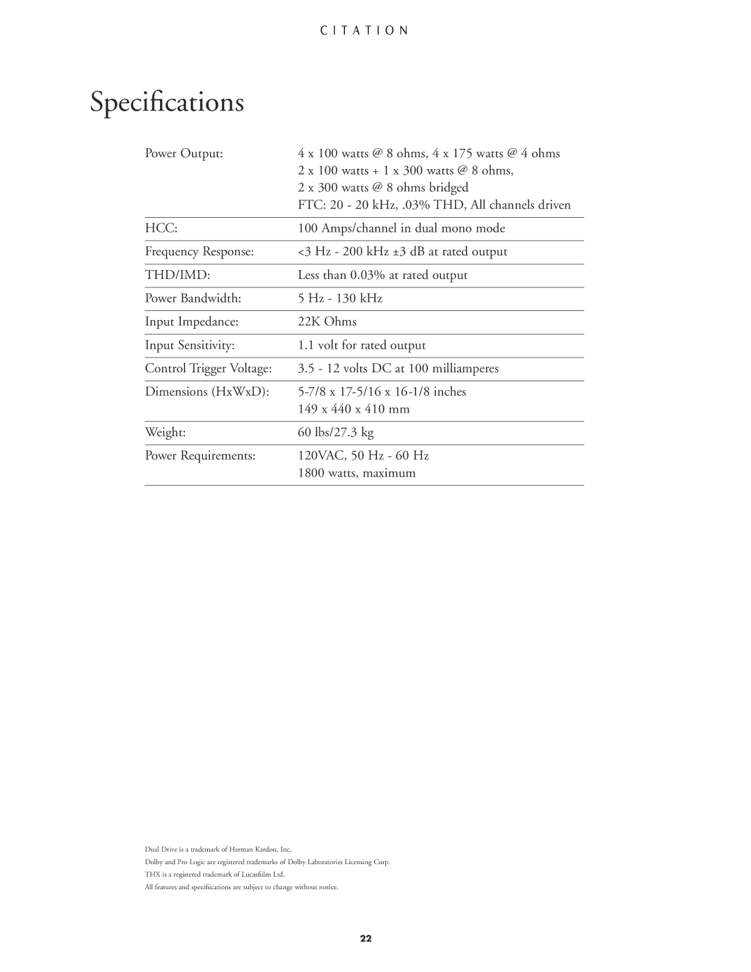 Harman-Kardon 5.1 manual Speciﬁcations, Thd/Imd 