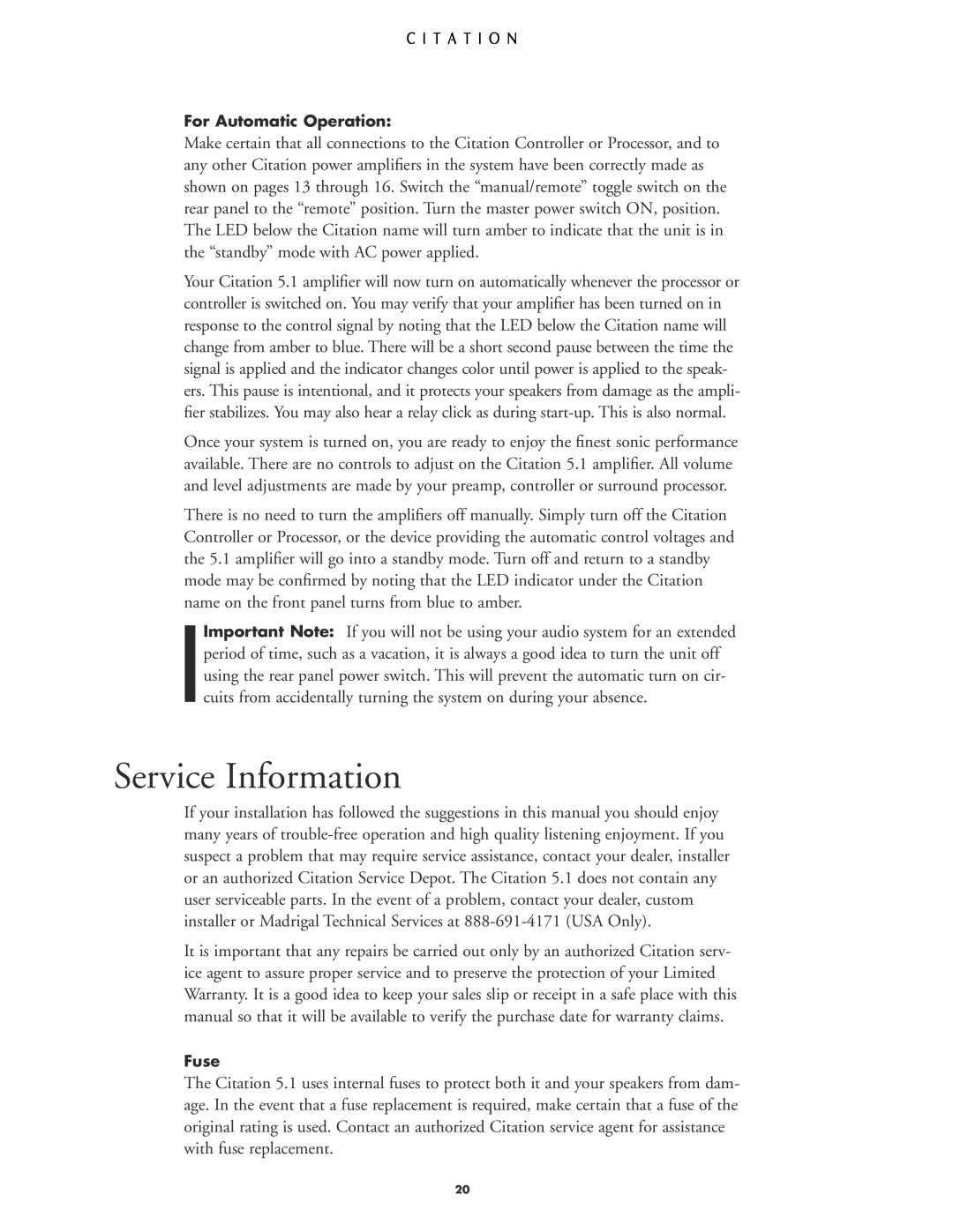 Harman-Kardon 5.1 manual Service Information, For Automatic Operation, Fuse 