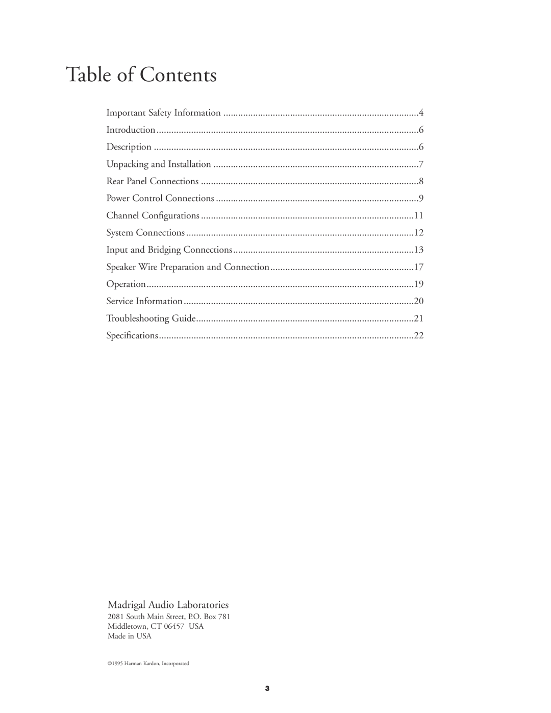 Harman-Kardon 5.1 manual Table of Contents, Madrigal Audio Laboratories 