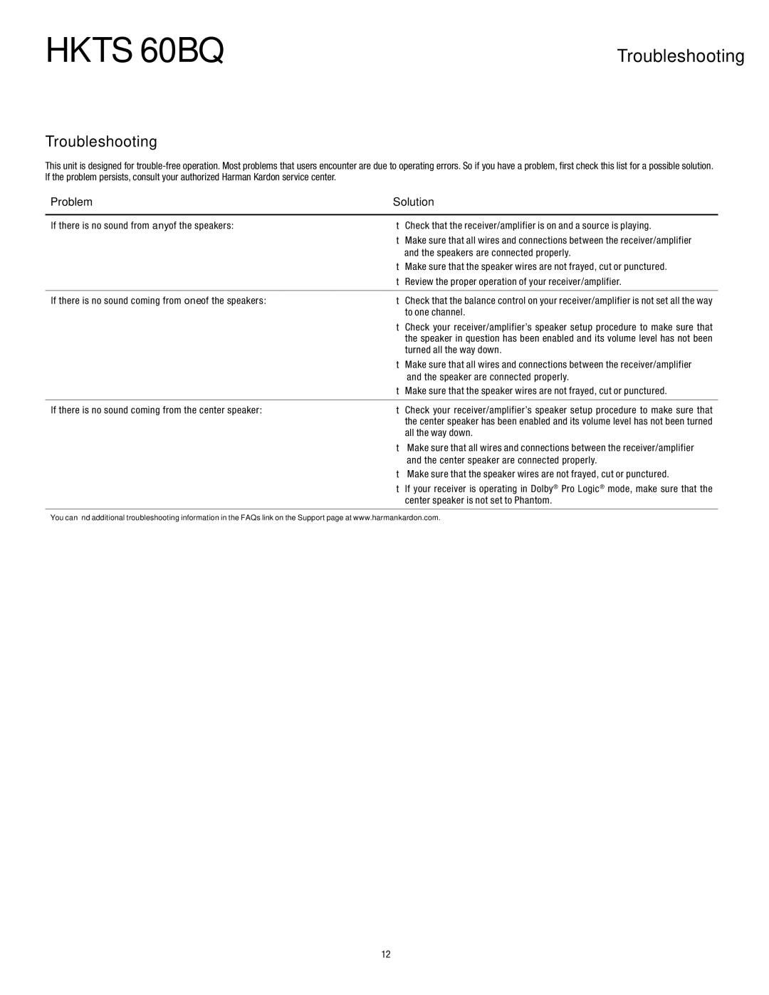 Harman-Kardon 60BQ owner manual Troubleshooting, Problem Solution 