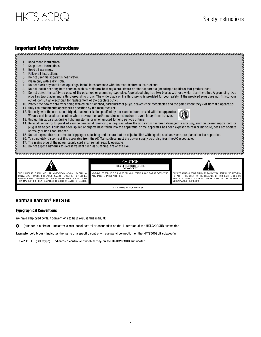 Harman-Kardon 60BQ owner manual Risk of Electric Shock Do not Open 