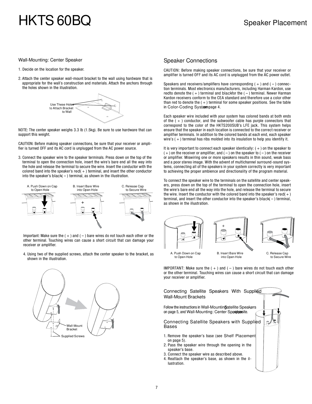 Harman-Kardon 60BQ Speaker Connections, Wall-Mounting Center Speaker, Connecting Satellite Speakers with Supplied Bases 