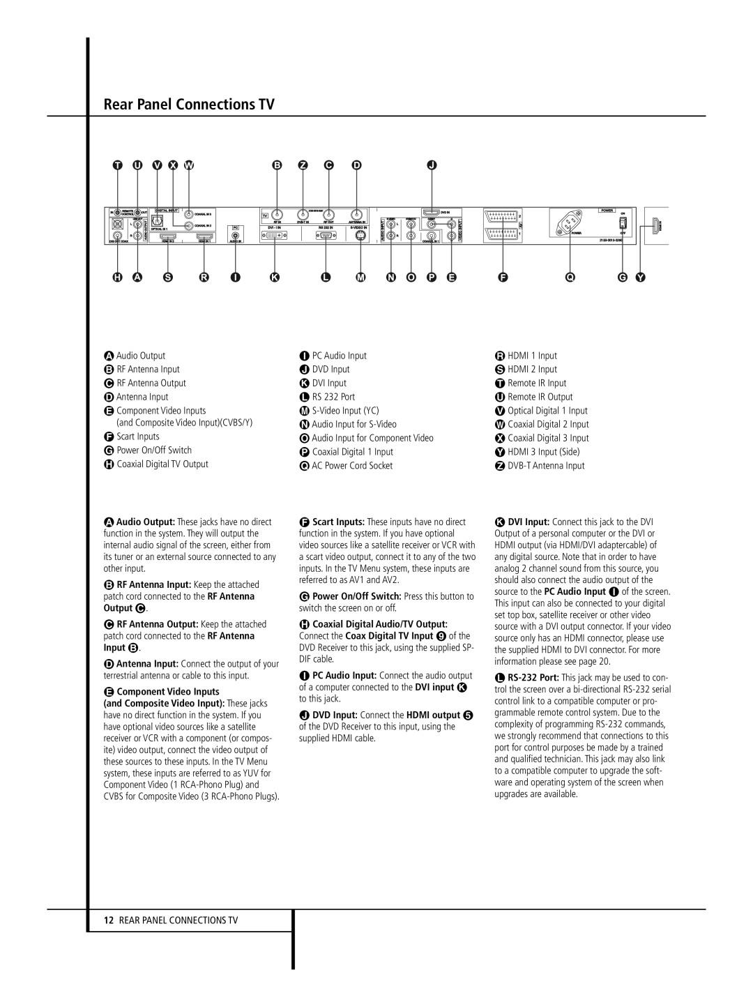 Harman-Kardon 646, 632, 640 owner manual Rear Panel Connections TV, Component Video Inputs, DVB-T Antenna Input 