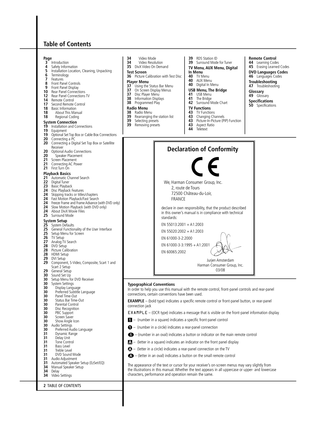 Harman-Kardon 640, 646, 632 owner manual Table of Contents, Declaration of Conformity 