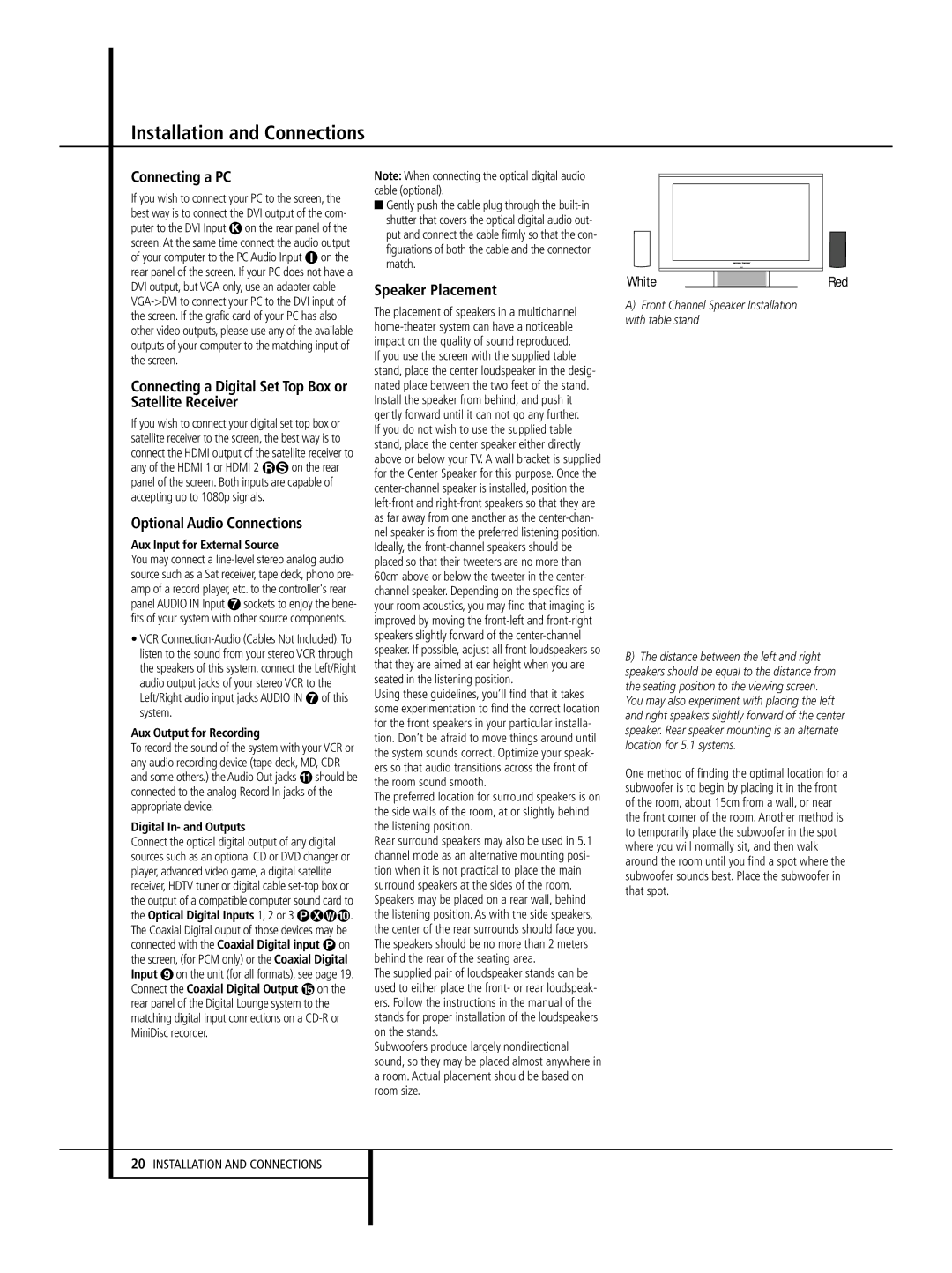 Harman-Kardon 640, 646 Connecting a PC, Connecting a Digital Set Top Box or Satellite Receiver, Optional Audio Connections 