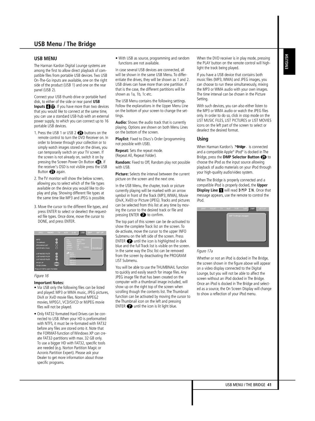 Harman-Kardon 640, 646, 632 owner manual USB Menu / The Bridge, Using, Random Fixed to Off, Random play not possible with USB 