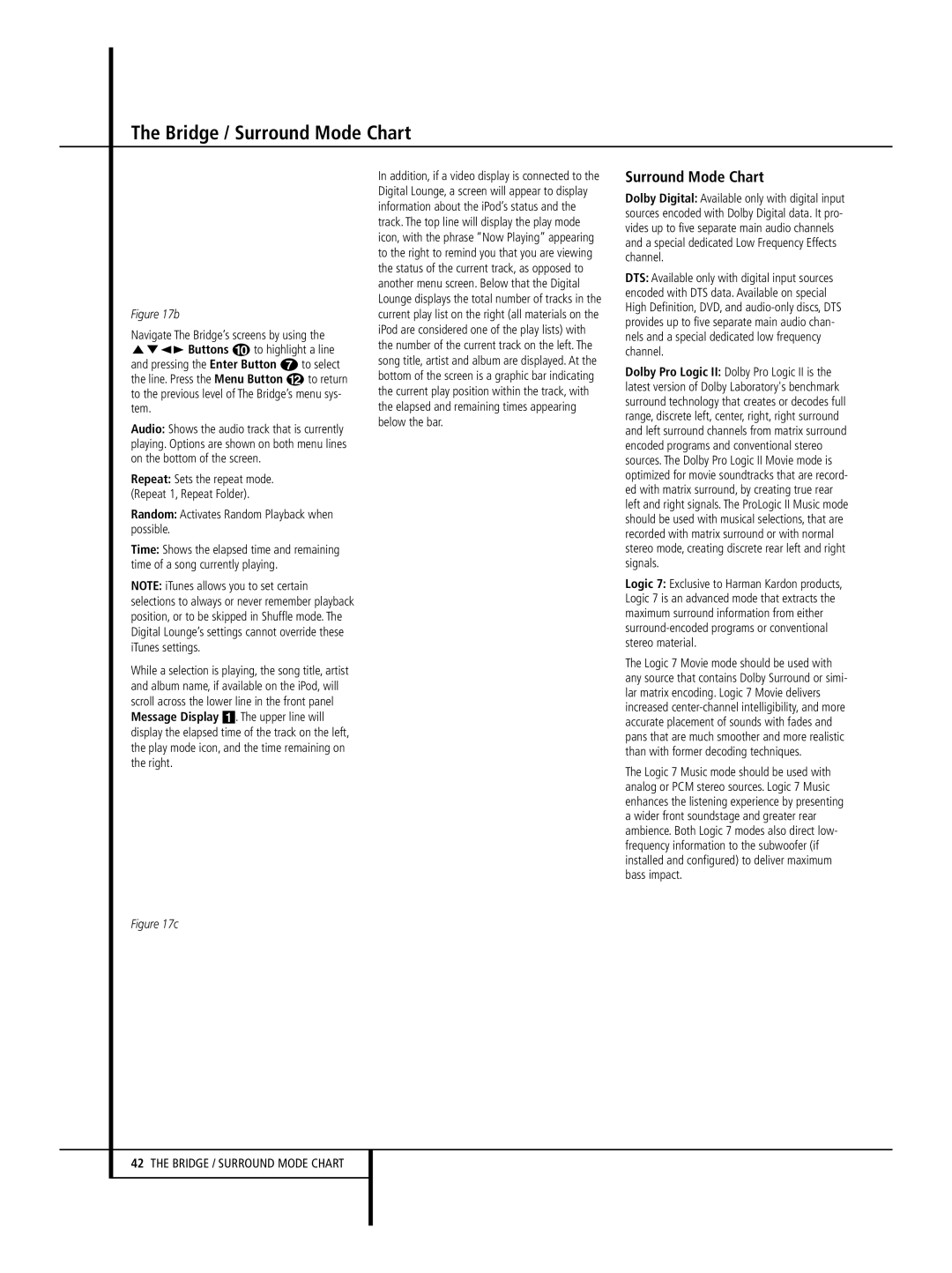 Harman-Kardon 646, 632, 640 owner manual Bridge / Surround Mode Chart, Random Activates Random Playback when possible 