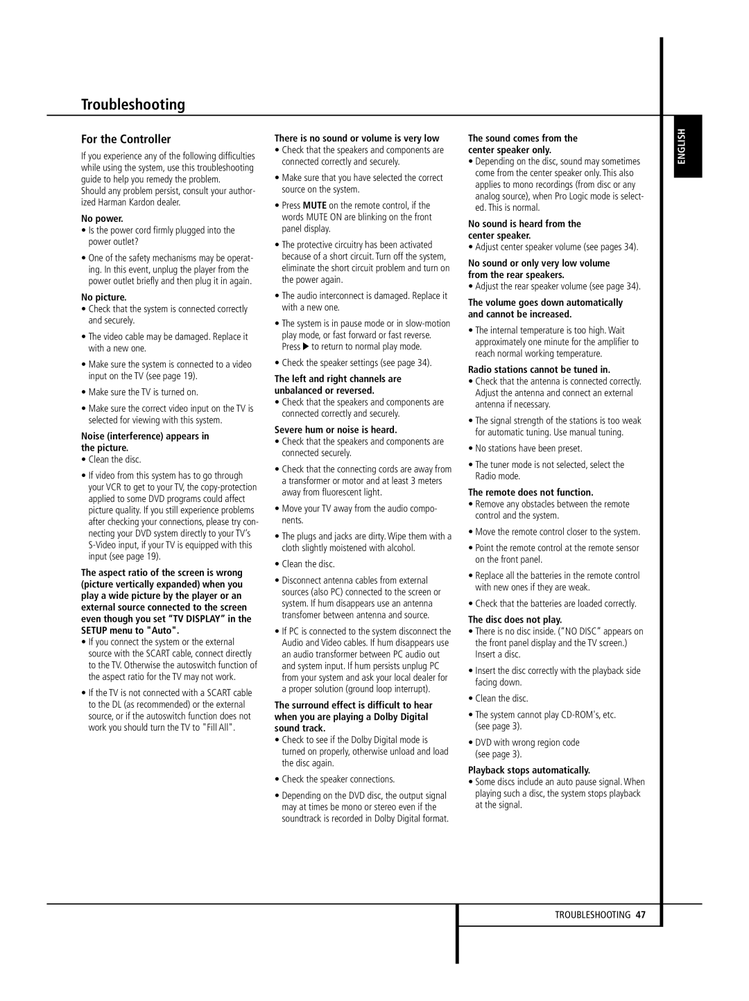 Harman-Kardon 640, 646, 632 owner manual Troubleshooting, For the Controller 