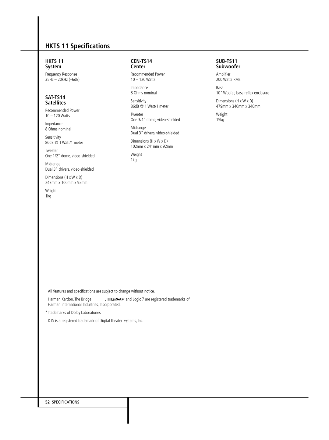 Harman-Kardon 632, 646, 640 owner manual Hkts 11 Specifications, System, Satellites, Center Subwoofer 