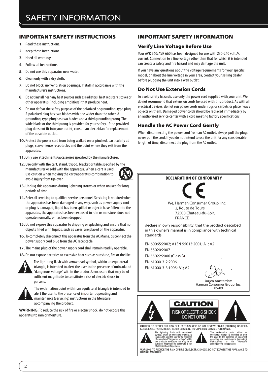 Harman-Kardon 760, 660 owner manual Important Safety Instructions, Important Safety Information 