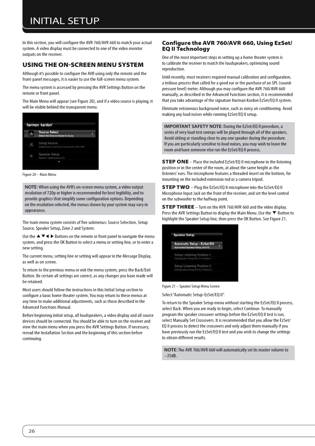 Harman-Kardon 760, 660 owner manual Initial Setup, Using the On-Screen Menu System, Select Automatic Setup-EzSet/EQ 