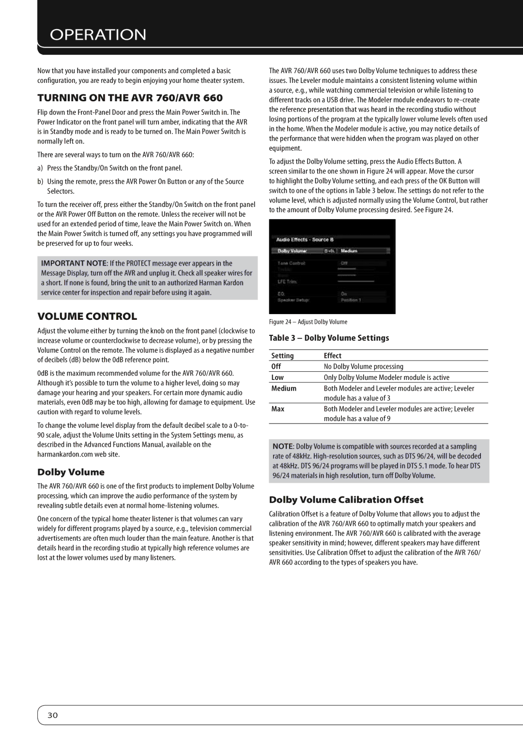 Harman-Kardon Operation, Turning On the AVR 760/AVR 660, Volume Control, Dolby Volume Calibration Offset 