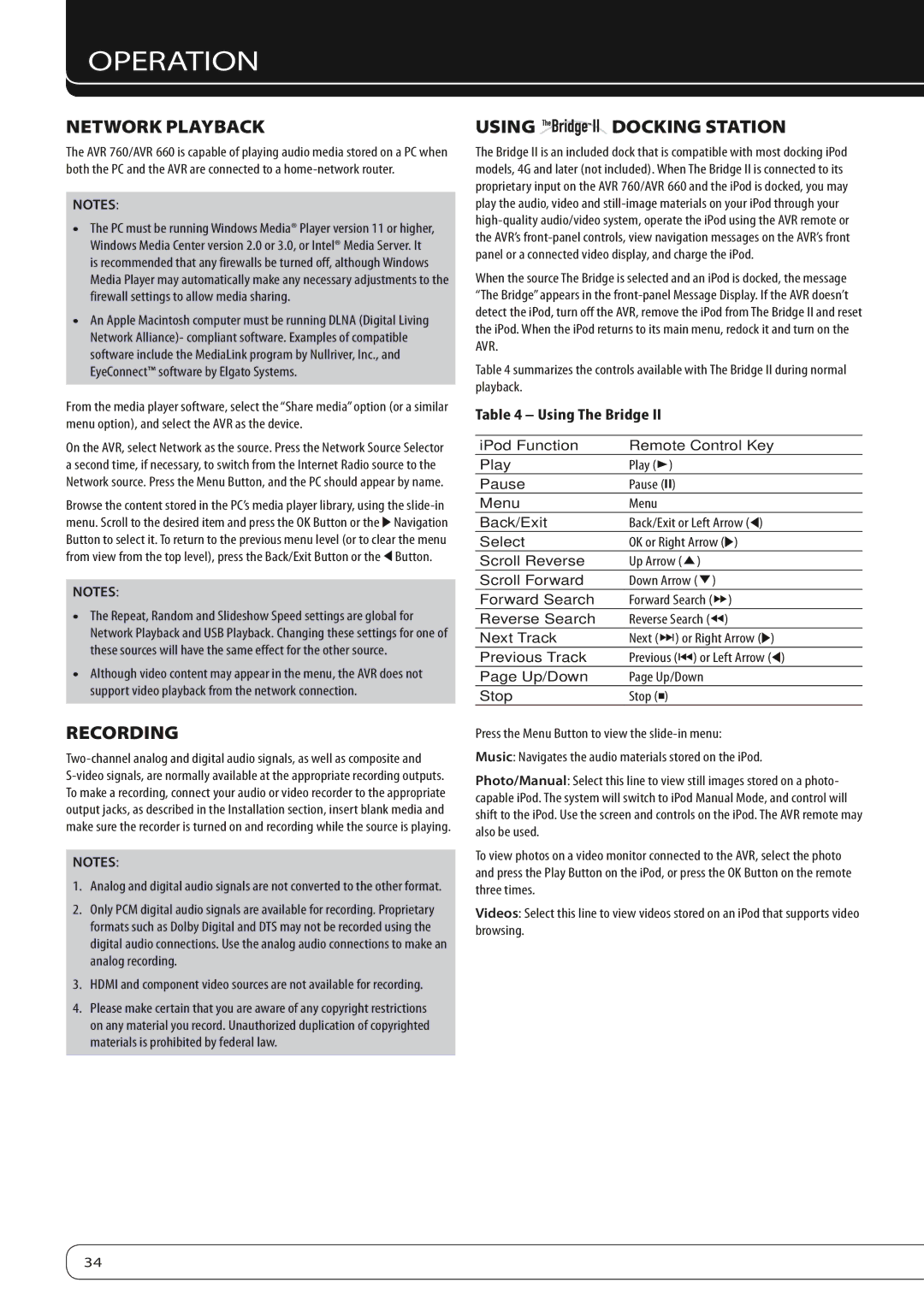 Harman-Kardon 760, 660 owner manual Network Playback, Recording, Using Docking Station, Using The Bridge 