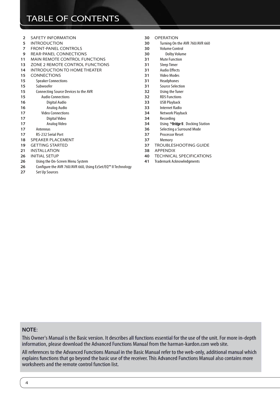 Harman-Kardon 760, 660 owner manual Table of Contents 