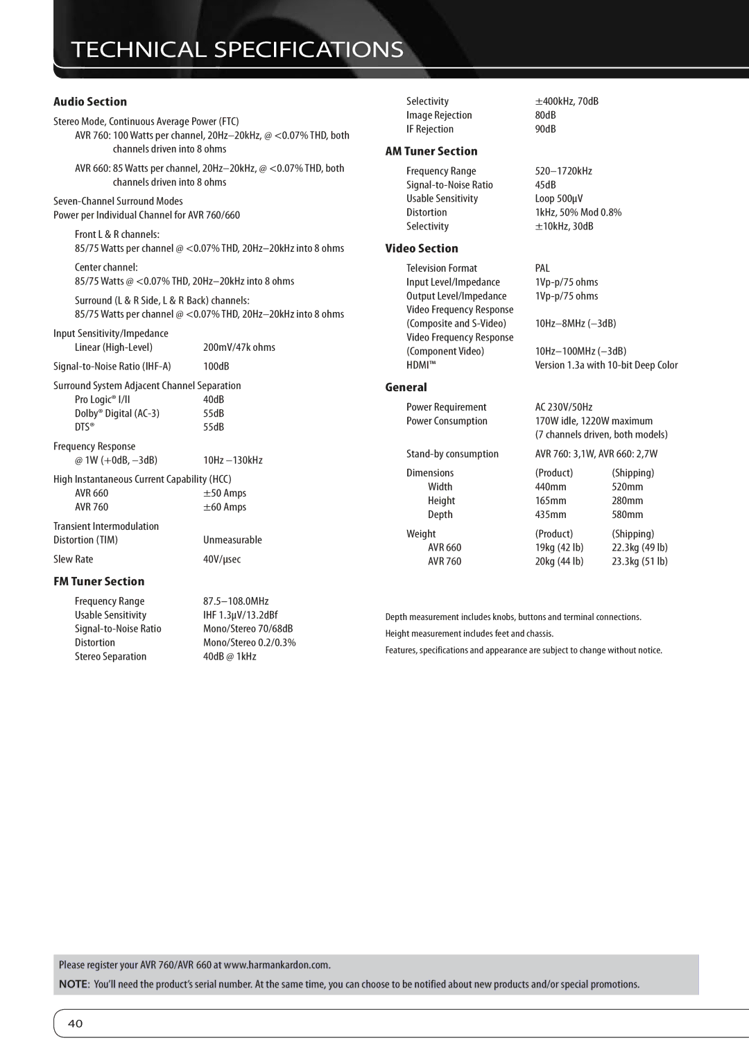 Harman-Kardon 760, 660 owner manual Technical Specifications, FM Tuner Section, AM Tuner Section, Video Section, General 