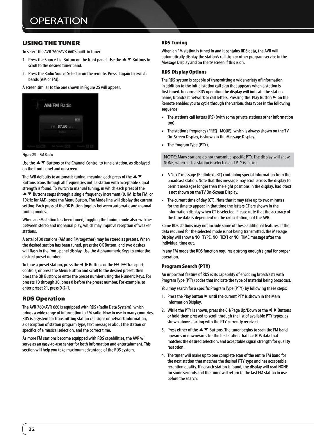 Harman-Kardon 760, 660 owner manual Using the Tuner, RDS Operation, RDS Tuning, RDS Display Options, Program Search PTY 