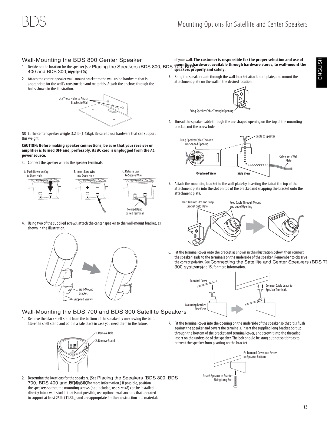 Harman-Kardon 950-0321-001 Wall-Mounting the BDS 800 Center Speaker, Connect the speaker wire to the speaker terminals 