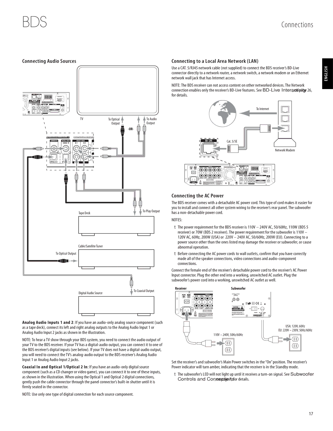 Harman-Kardon 950-0321-001 Connecting the AC Power, Network wall jack that has Internet access, For details, Connections 