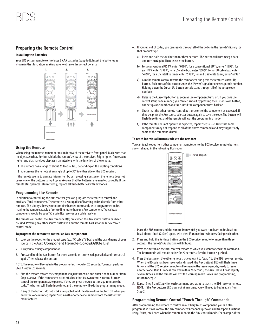 Harman-Kardon 950-0321-001 owner manual Preparing the Remote Control, Using the Remote, Programming the Remote 